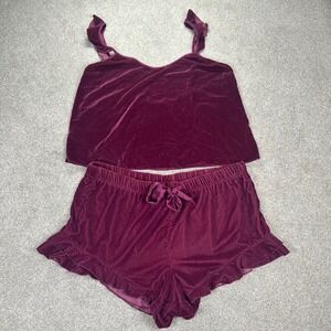 Victorias Secret Velvet‎ Pajama Set Cami Shorts Ruffle Bow Burgundy Large